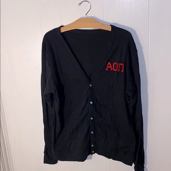 Sweaters - Black Embroidered Alpha Omicron Pi Cardigan